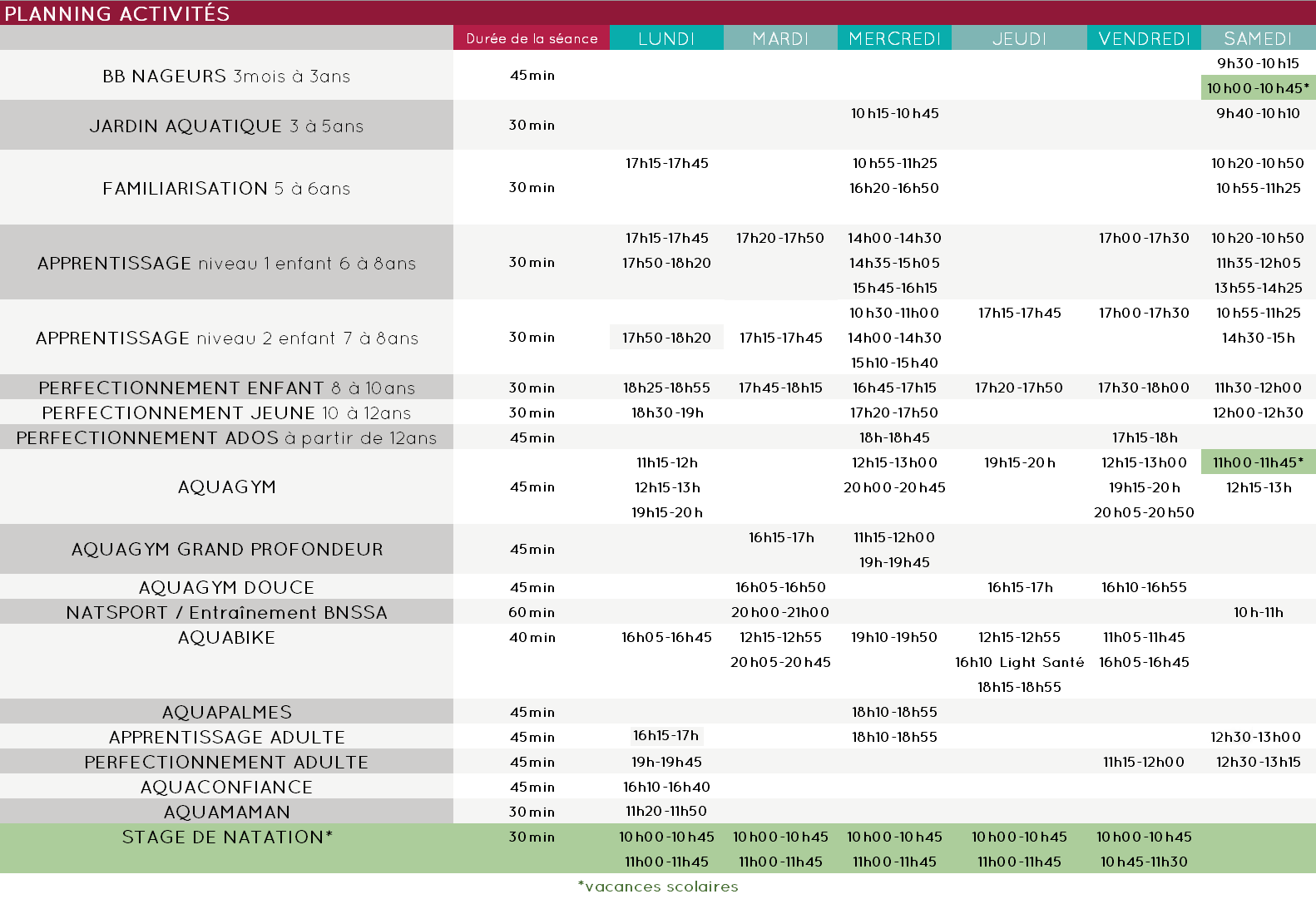 horaire planning 2024